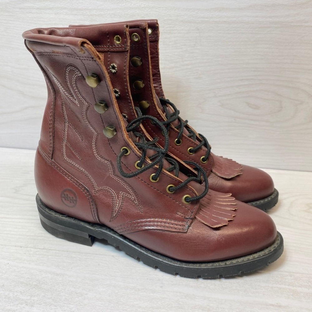 Double H Women 7 M Lace Up Kiltie Boots Western Burgundy Leather Biltrite Heel